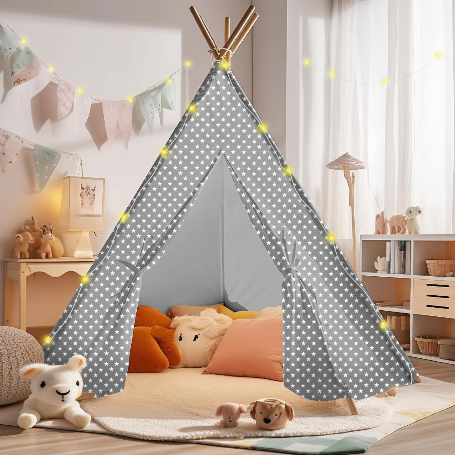 Chic Grey and Stars Kids Teepee Tent with Magic Star Lights, Large and Durable 100% Cotton Tipi Play Tent for Boys and Girls, Id