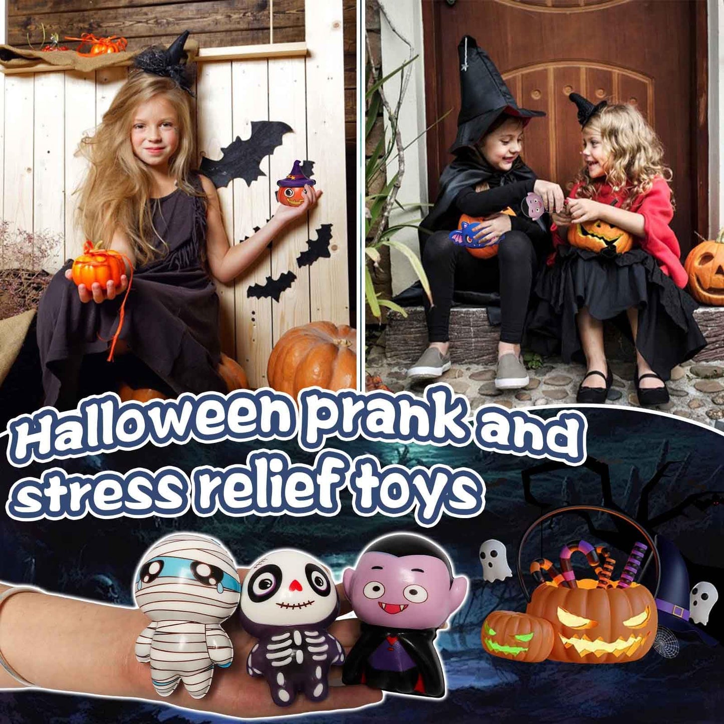 FauKait New 6 Packs-Halloween Squishies Toys Slow Rising, Gift Box Includes Pumpkin, Vampire,Black Cat,Mummy,Human Skeleton, Bat