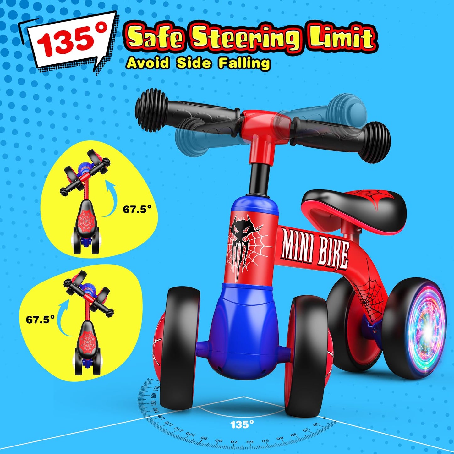 Aetyni Baby Balance Bike 1-2 Year Old: Spider Toddler Bike Baby Bike For 10-24 Month With Colorful Lighting & 4 Wheels First Rid