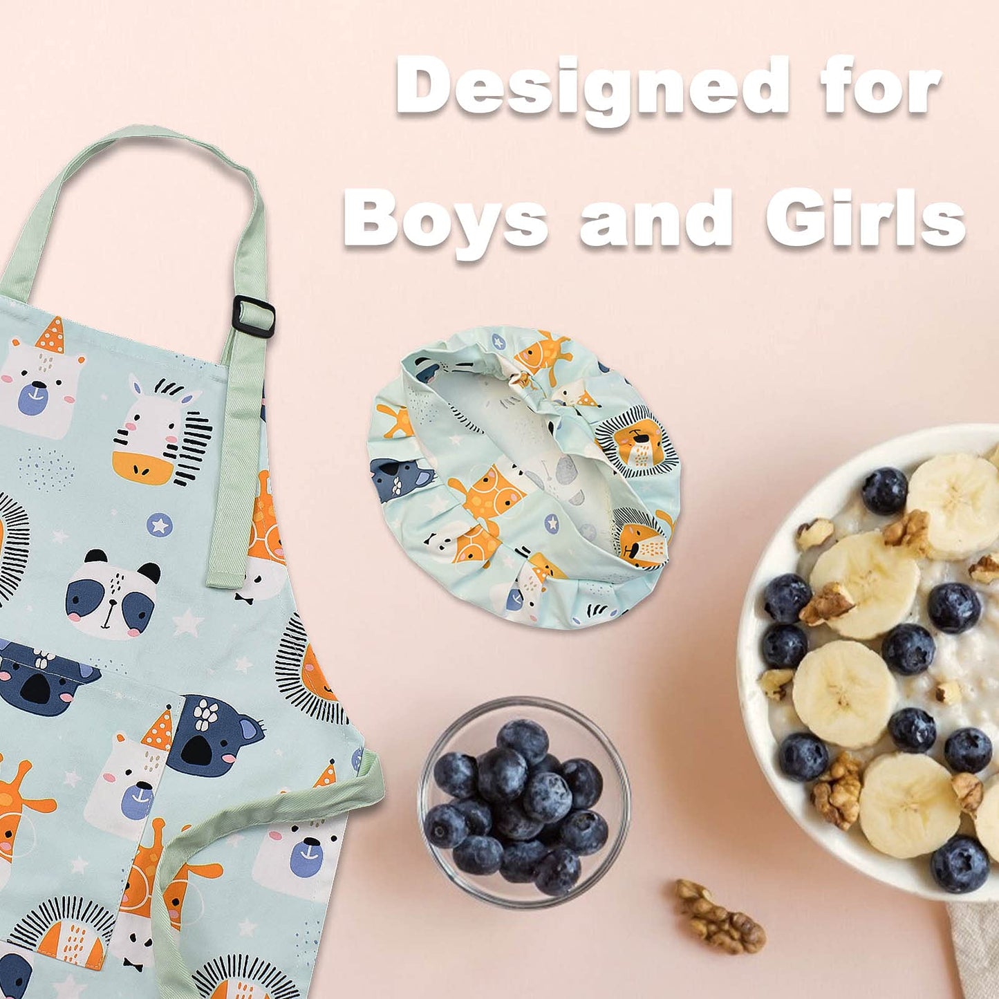 Pipoobear Kids Apron With Chef Hat For Boys And Girls Aged 2-6, Cute Toddler Aprons Set With Pocket For Cooking Baking Painting Gardening