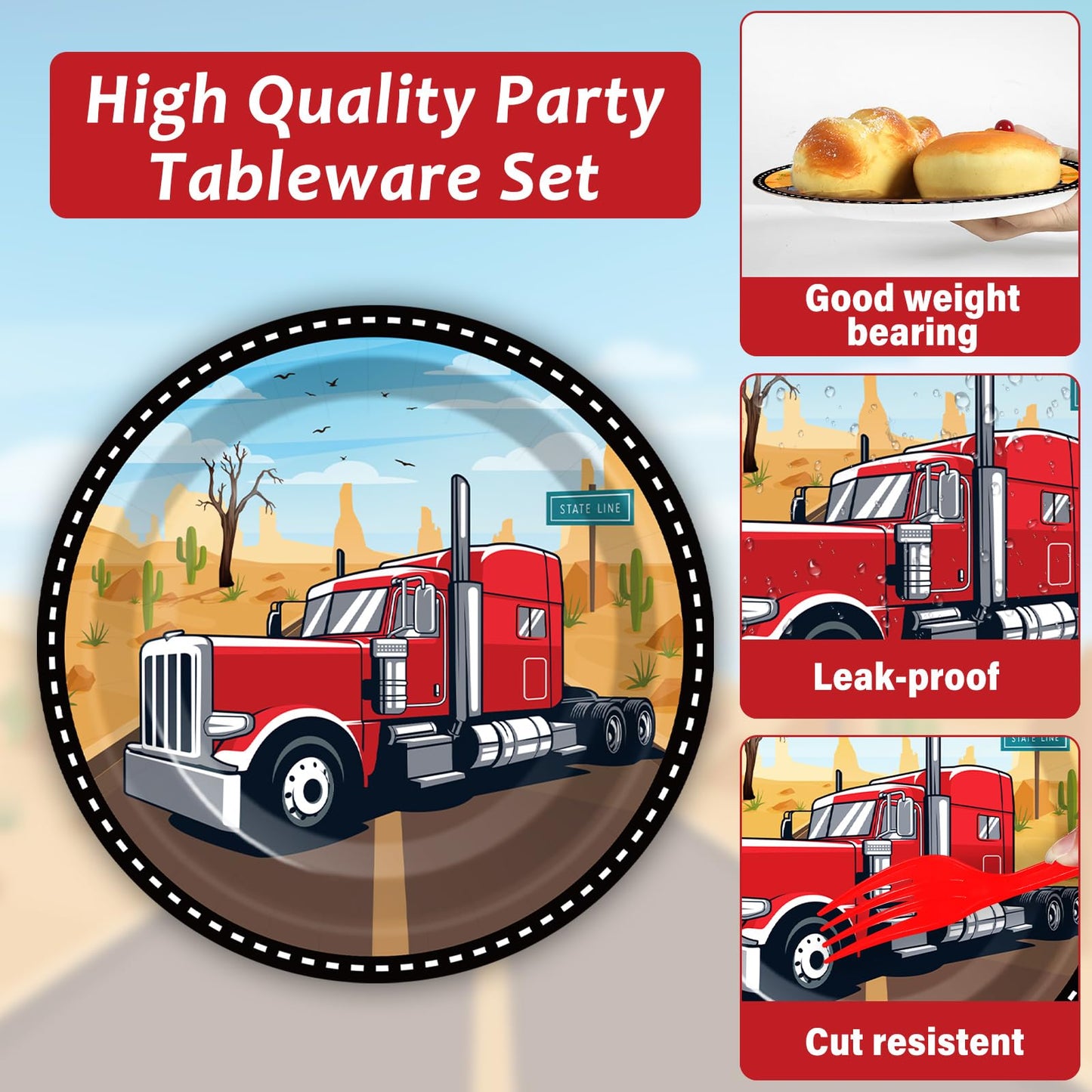 gisgfim Semi Truck Party Supplies Set - 96 Pcs Paper Plates & Napkins for Kids Birthday, Red Tractor Trailer Theme, Serves 24