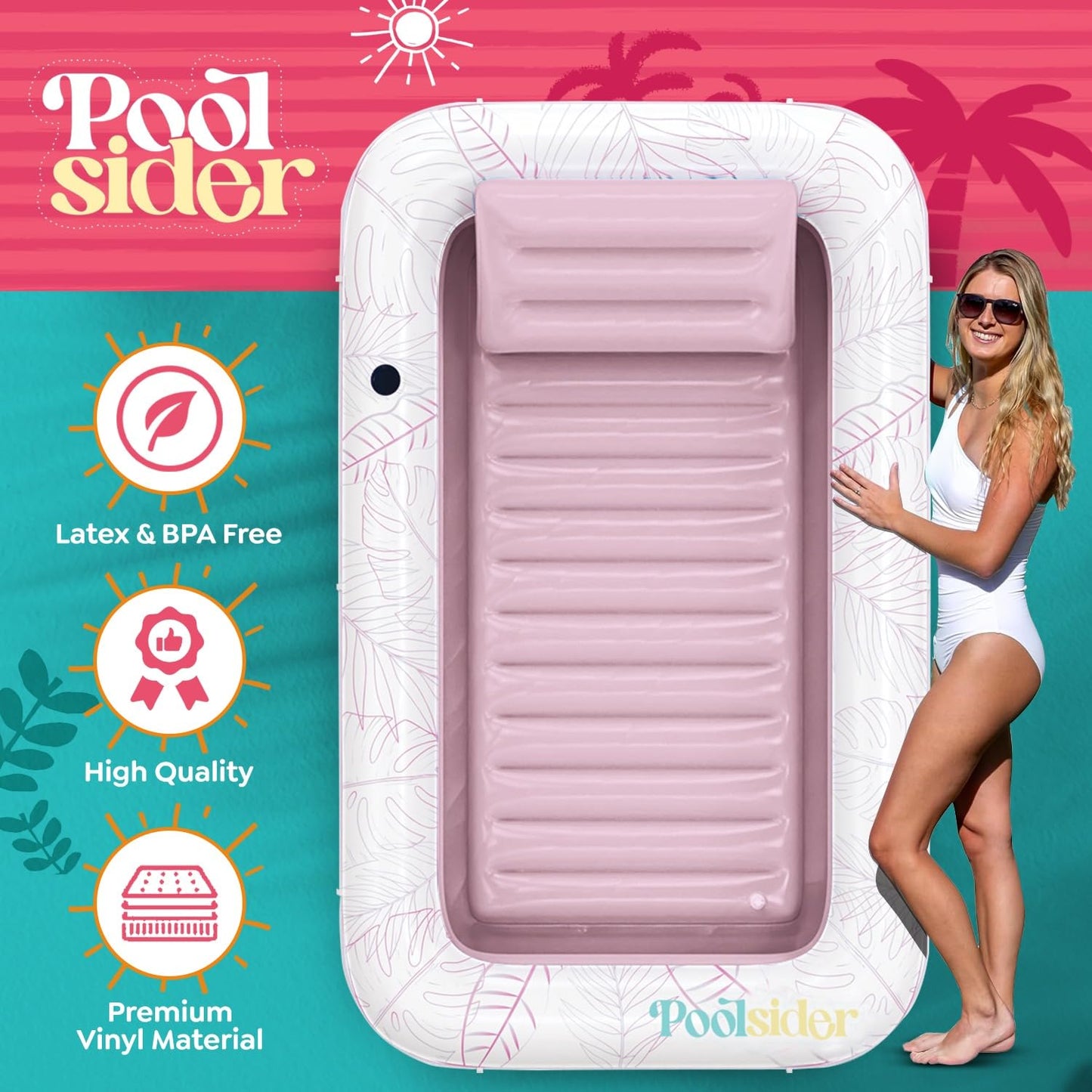 enhanced Inflatable Tanning Pool Lounger | XL Inflatable Tanning Bed for mature-themeds | Multipurpose Pool Floats | Inflatable Pool Float | Tanning Float - Pink