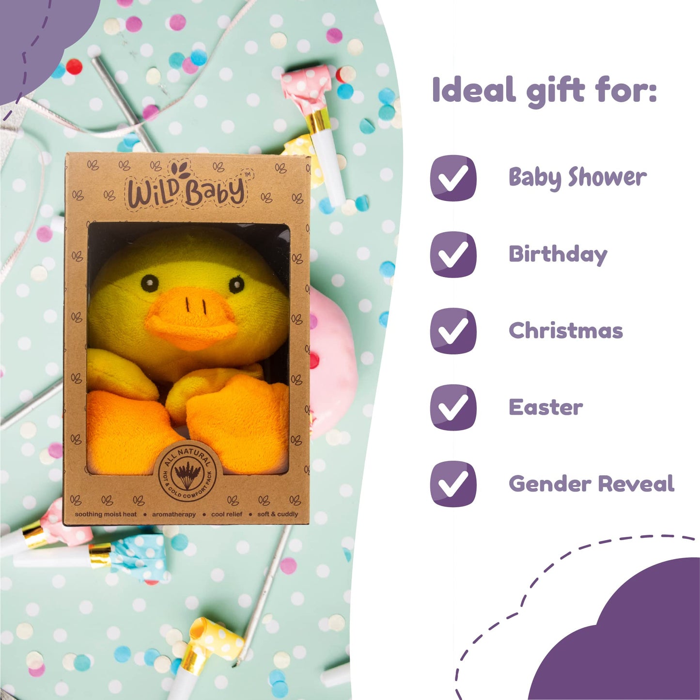 Wild Baby Yellow Duck Weighted Stuffed Animals - Microwavable Animals With Lavender, 12 Inch Heatable Plush For Kids - Soft, Cuddly, Warming Stuffed Animal For Baby - Gift Box Ready