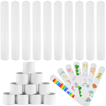 JUNEBRUSHS 56 Pack Slap Bracelets White Blank DIY Slap Bands for Kids Soft Wristband Party Favors Snap Bracelets Bulk for Boys G