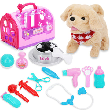 15-Piece Dog Toys For Kids - Walking Dog Stuffed Toy With Pet Cage, Doctor Role Play Toy Dogs With Pet Care Playset, Puppy Toys
