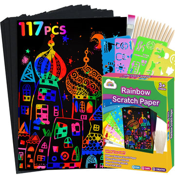 ZMLM Rainbow Scratch Paper Kit: 117Pcs Magic Art Craft Stuff Supplies Black Drawing Pad for Age 3-12 Kids Children Girl Boy DIY 