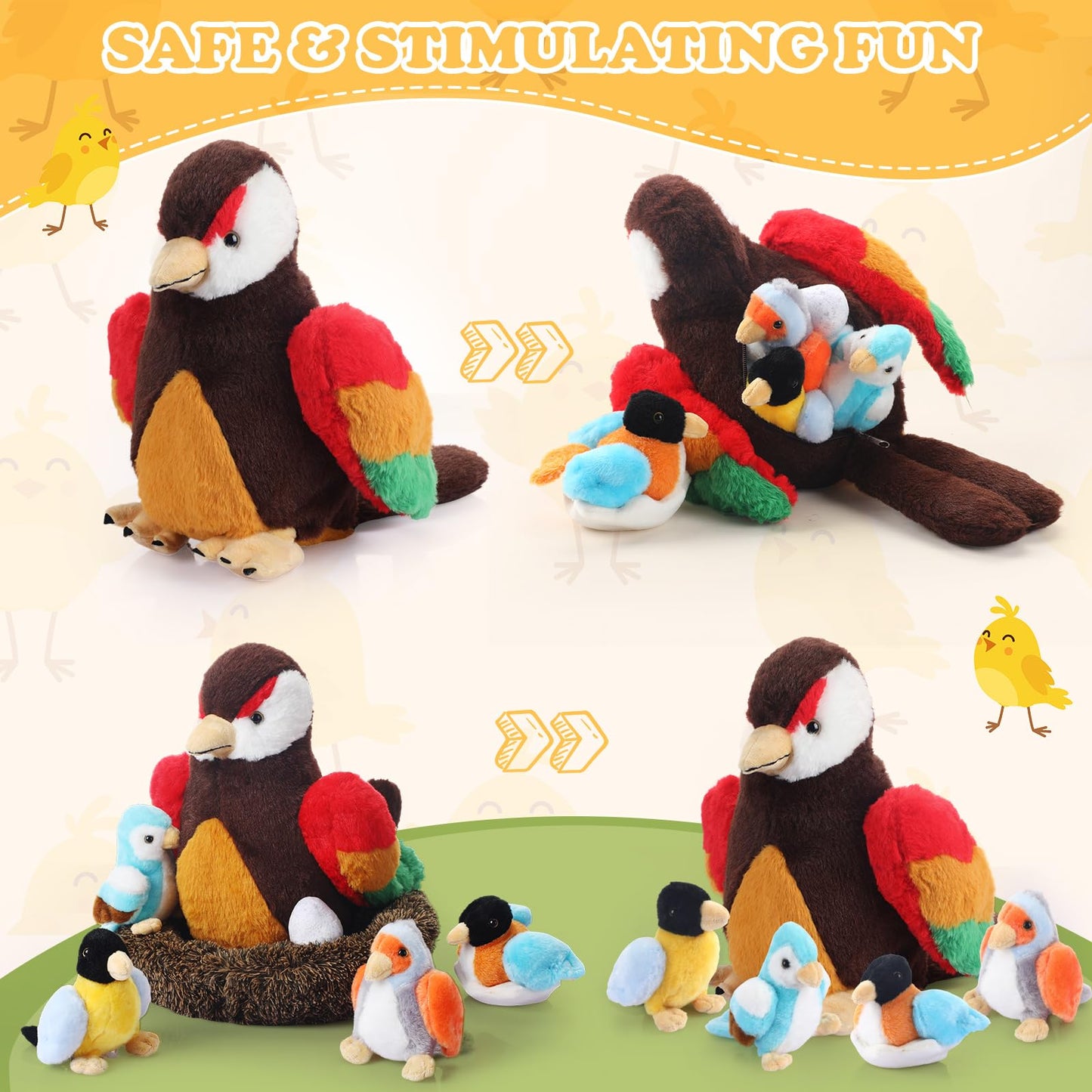Roundfunny 7 Pcs Birds Stuffed Animal Toys Set 9.8 Inch Bird Plush With 4 Pcs Cute Baby Birds Plushies, 1 Pcs Egg And 1 Pcs Larg
