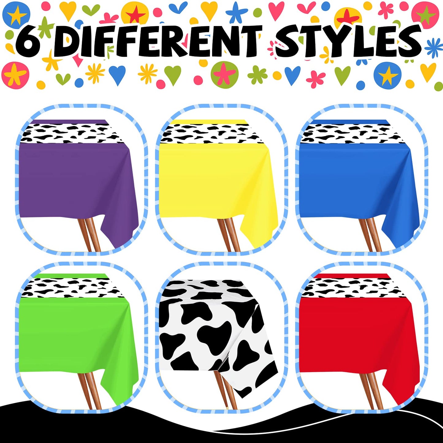 Hosuly 6 Pcs Cow Print Tablecloth Kids Birthday Party Plastic Tablecloth Set 54 x 108 Table Cloth Solid Rectangular Table Cove
