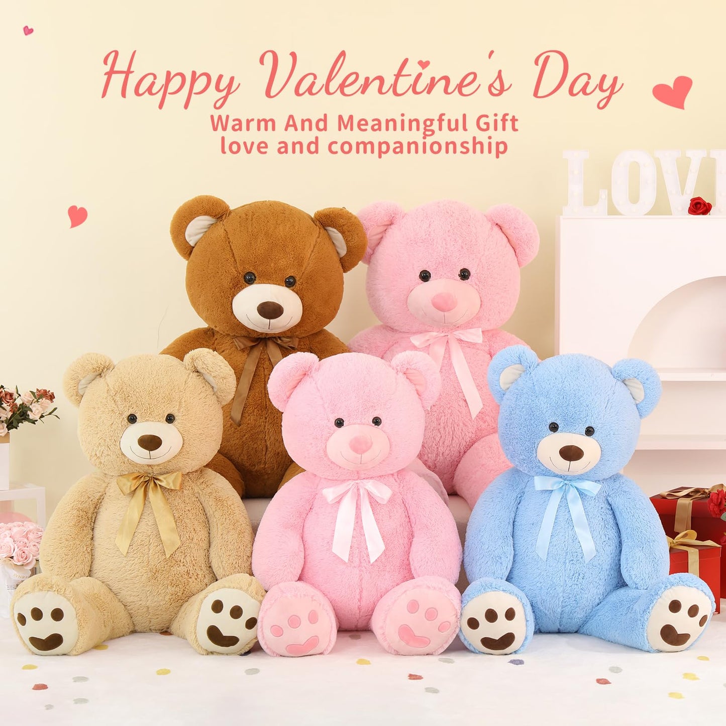 Morismos 5Ft Giant Teddy Bear Stuffed Animal, Large Stuffed Bear With Footprints, Big Life Size Teddy Bear Plush Gifts For Wife, Girlfriend, Women On Valentine, Christmas, Birthday
