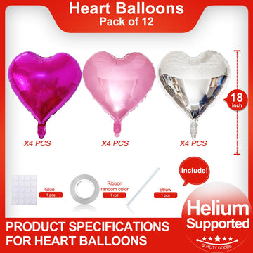 Hot Pink Heart Shaped Balloons Pack Of 12,18 Inch Silver Love Valentine Balloons Pink Heart Romantic Balloons For Valentines Day