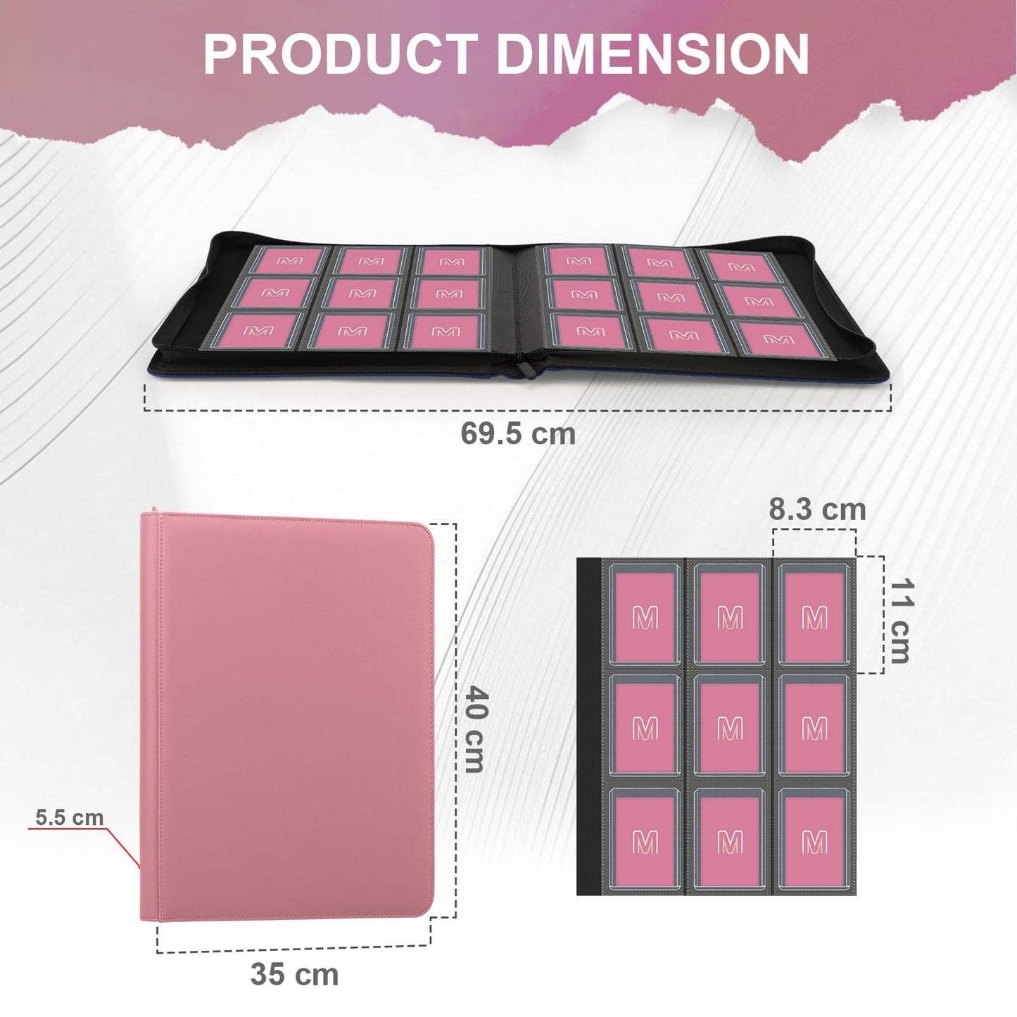 Toploader Binder Trading Card Binder Storage Hold up 288 Cards 9-Pocket Top Loader Binder with Sleeves for 3x4 Rigid Toploaders Hard Cases(9Pink7)