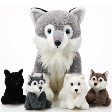 Honoson 5 Pcs Wolf Plush Set 14 Inch Mommy Wolf Stuffed Animal With 4 Cute Baby Wolves In Her Zippered Tummy Soft Wolf Plushie F