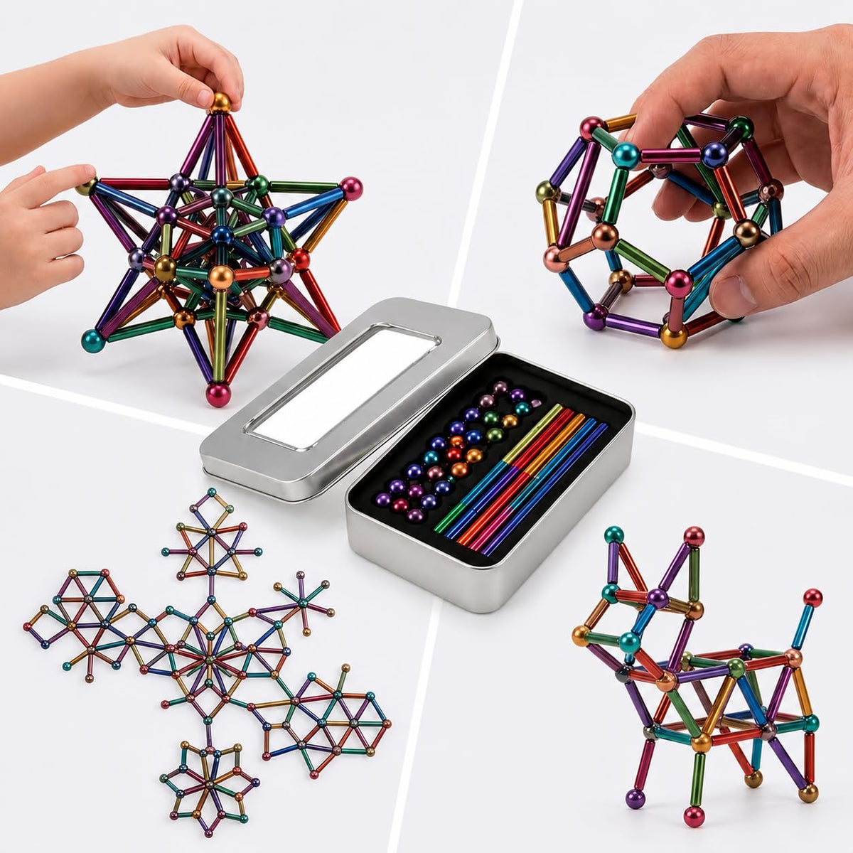 Alloxiona Magnetic Building Blocks Toy, Magnet Sticks And Metal Balls Construction Set, Stem Educational Kit With Storage Tin, F