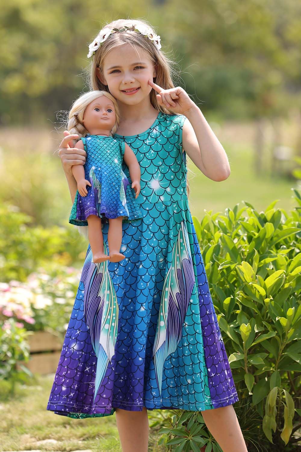 Bow Dream Girl Dress & Doll Clothes Set, Rainbow Unicorn, Size 4-5T, Blue Green