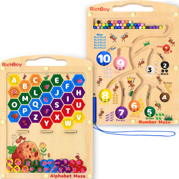 Magnetic Number Alphabet Maze Board, 2 In 1 Double Side Wooden Puzzle Color Sorting Game For Kids Age 3 4 5,Preschool Learning A