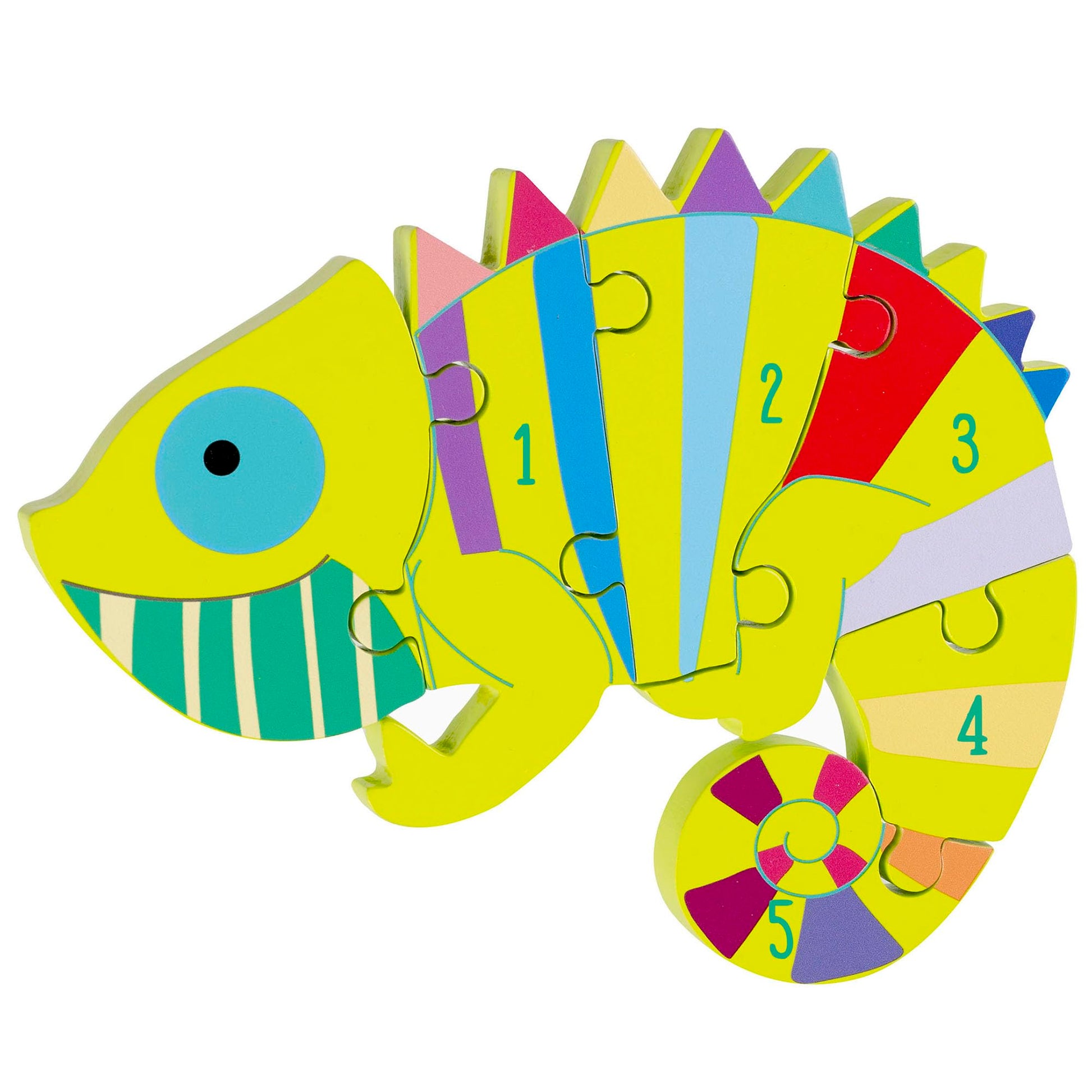 Orange Tree Toys: Chameleon Number Puzzle - 6 Piece Wooden Animal Shaped Puzzle, Learn Numbers 1-5, Colorful Educational Toy, To
