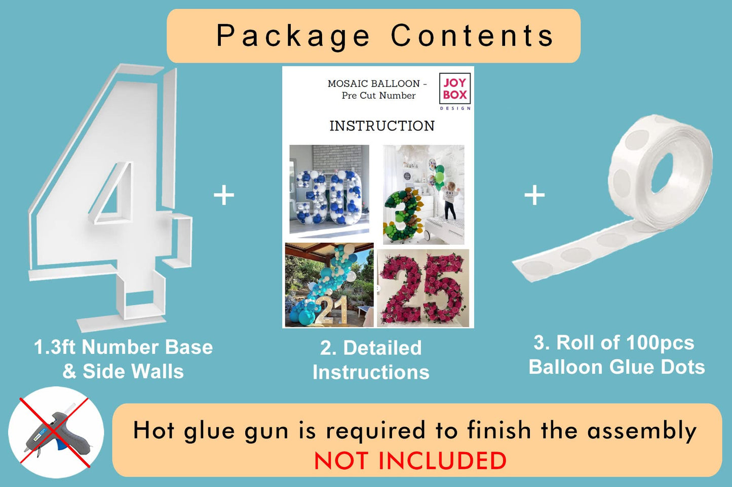 JoyBox Design 3FT Number 4 Mosaic Balloon Frame Kit - Light Up Foam Board for Birthday Decoration
