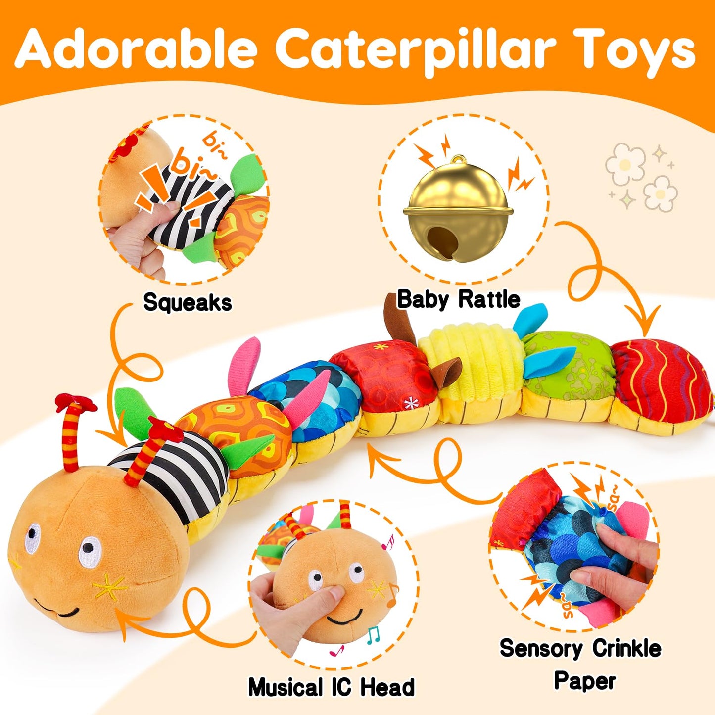 Baby Sensory Caterpillar Toys 0-3 Month Music Animal Stuffed Plush Toy For Infant 0-3-6-12 Month Tummy Time With Crinkle Rattle