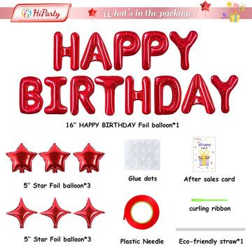 Red Happy Birthday Balloons Banner, 3D Mylar Foil Letter Birthday Balloons With 6Pcs Star Balloons, Birthday Party Decorations F