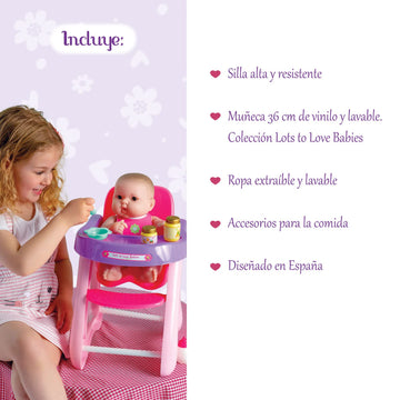 JC Toys 14" Lots to Love Babies Doll with Pink High Chair - Posable, Waterproof, Ages 2+, Model 16148