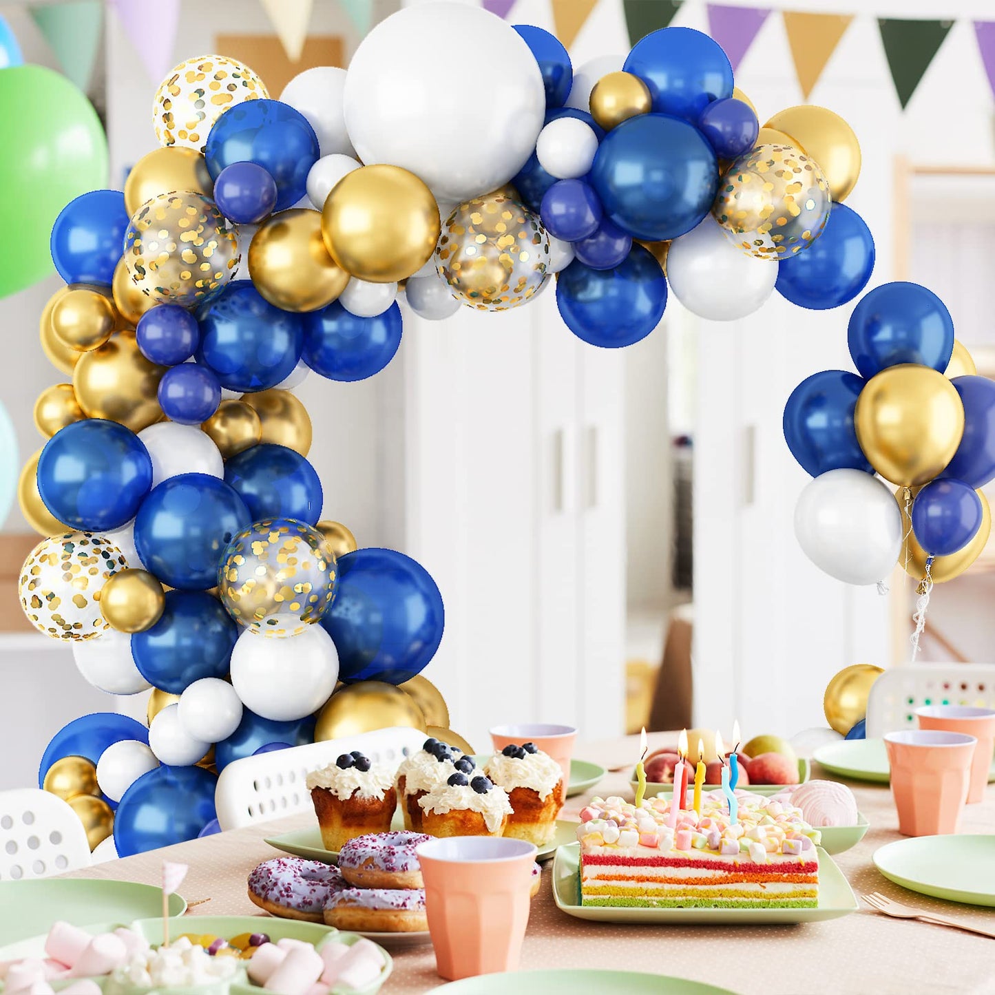 112Pcs Royal Blue Gold White Balloon Arch Garland Kit, Navy Blue And Gold Balloon Arch Kit With Confetti Metallic Chrome Balloon