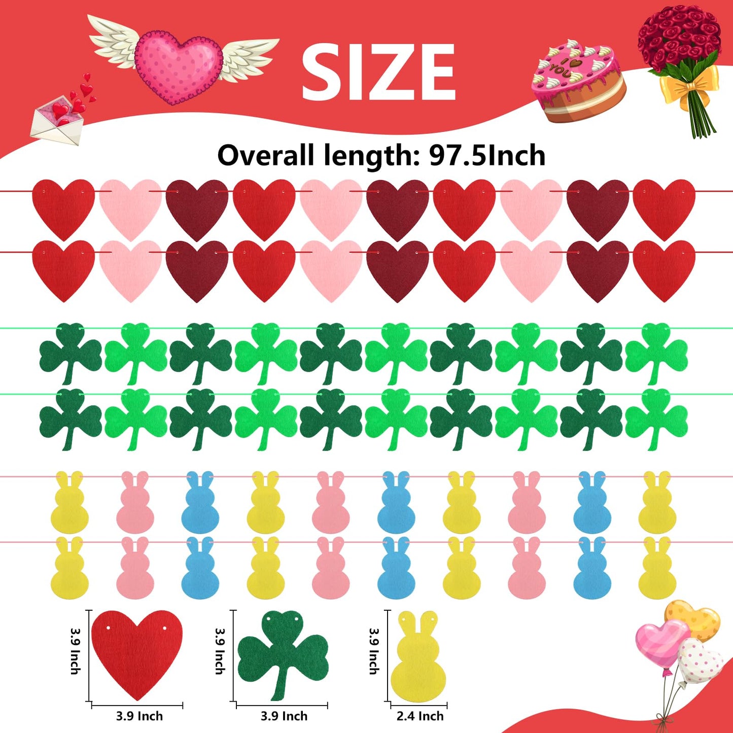Arosche Valentines Day Decorations Felt Garland 6pcs Pre-Assembled Valentines Day Heart St Patricks Day Shamrock Easter Bunny Ba