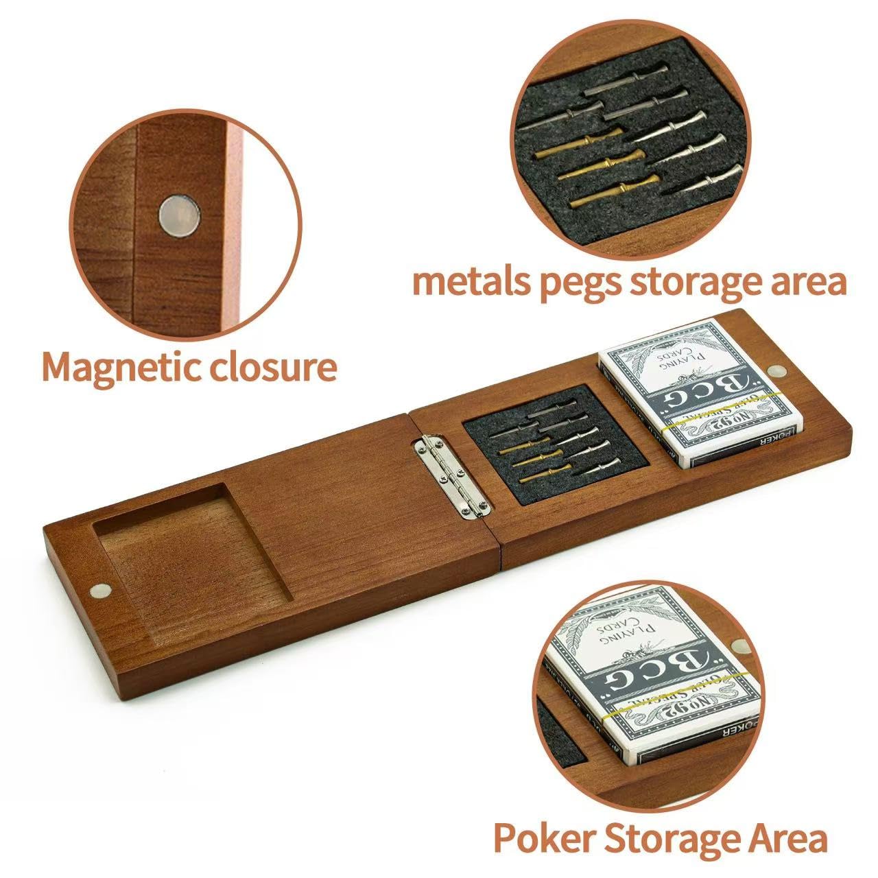 Wooden Cribbage Board Game Set, Travel Cribbage Board With Storage And Collapsible, With Magnetic Lock / 9 Metal Pegs/Full Deck