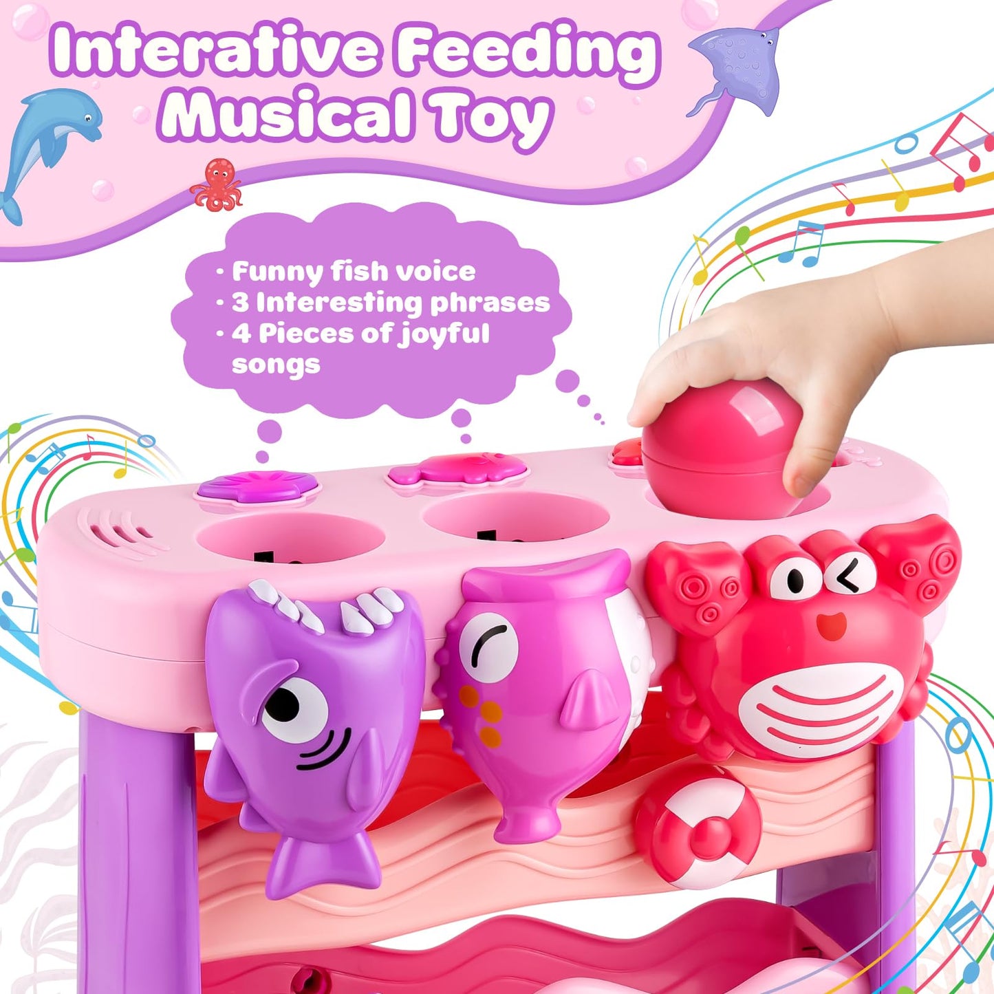 V-Opitos Musical Toys For Toddler 1, 2, 3 Years Old, Feeding Interactive Toys For Baby 9-12 Months, 6 7 8 9 10 12+ Months, Montessori Education Toy, Perfect Christmas Birthday Gifts Boy & Girl (Pink)