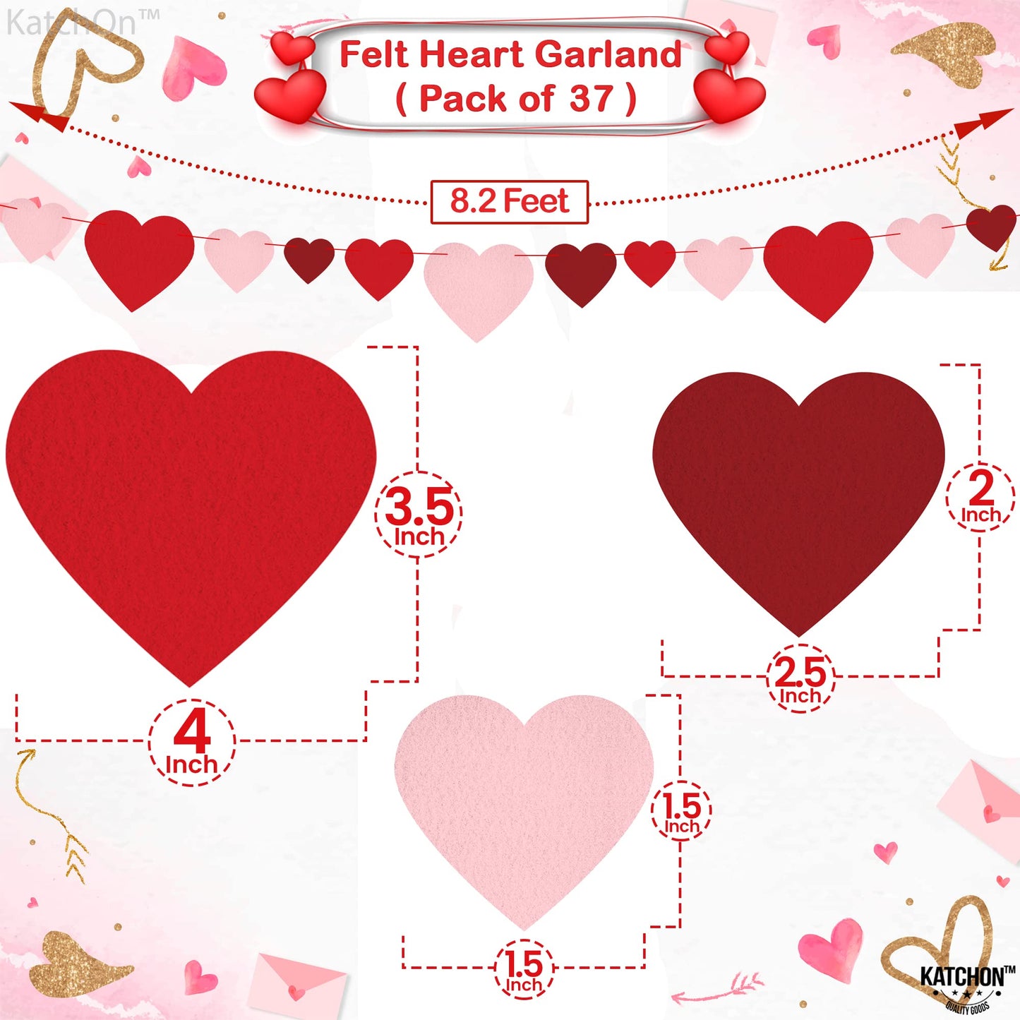 KatchOn, Felt Valentines Day Garland - No DIY, 3 String, 8.2 Feet | Red Heart Garland, Galentines Day Decorations | Valentine Ga