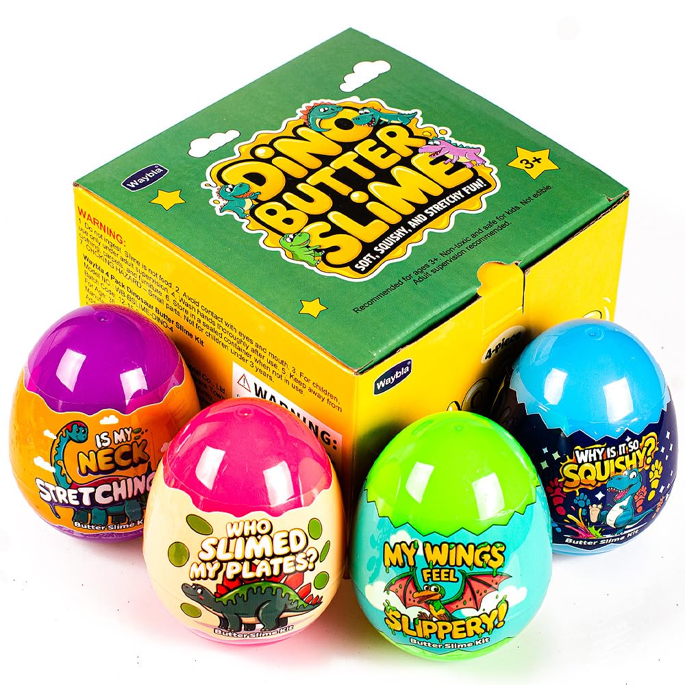 Waybla Dinosaur Butter Slime Kit for Kids - 4-Pack Colorful Butter Slimes with Glitter  Dinosaur Figurines  and Plastic Eggs - Sensory Toy  Party Favors  Birthday Gifts  Easter Basket Stuffers Fillers