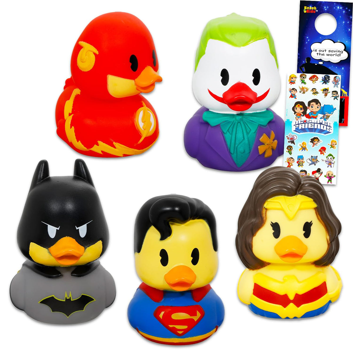 Justice League Duckaloos Collection Set  Bundle with 5 Rubber Duck Mini Figures for Kids, Adults Featuring Superman, Joker, Fla