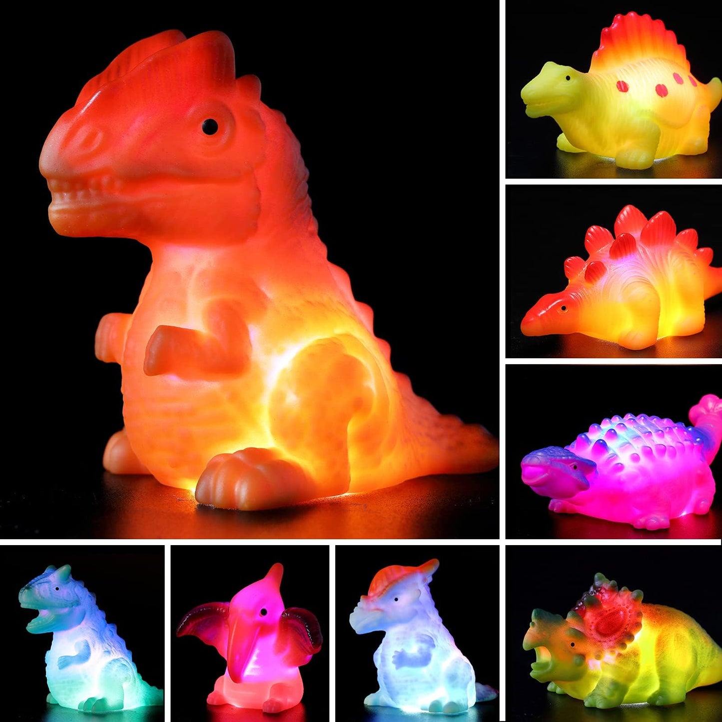 Bakatatoyz 8 Pack Light Up Dinosaur Bath Toys, Color Changing, Small, Multicolored, Floating Pool Toy for Kids and Toddlers