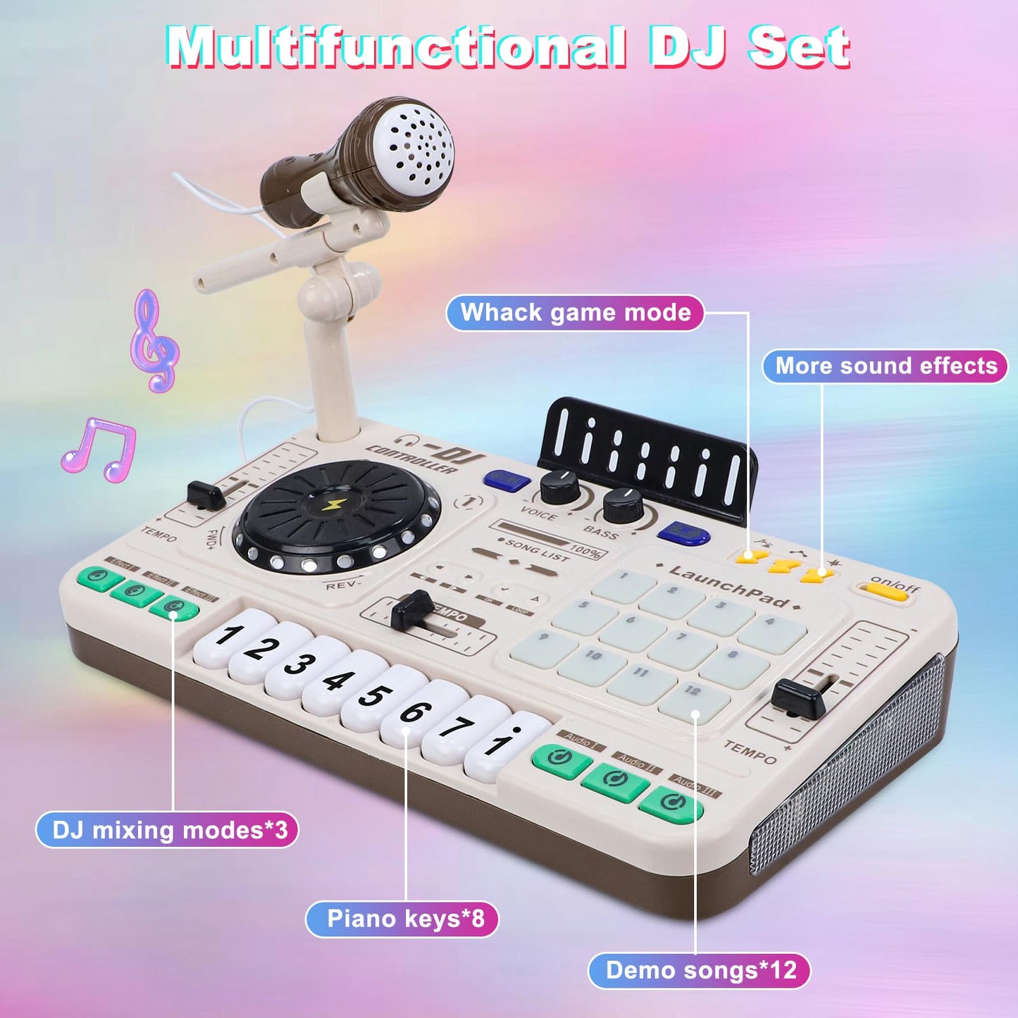 Magic4U Kids DJ Mixer, Toddler Rechargeable DJ Set with Lights, Sound Effect, Demo Songs and Reaction Music Games, Musical Toys