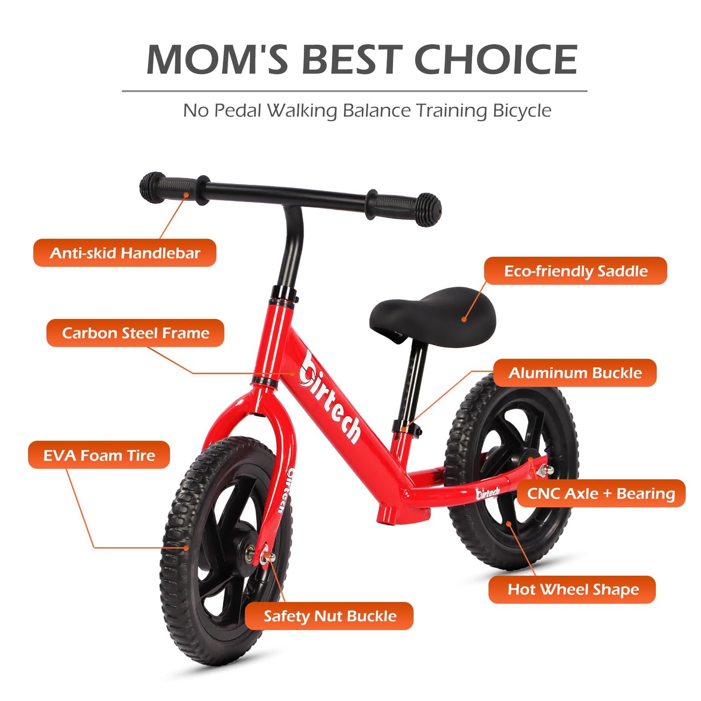 Birtech Balance Bike For 2-5 Years Old Kids 12 Inch Toddler Balance Bike Kids Indoor Outdoor Toys No Pedal Training Bicycle With Adjustable Seat Height, Red