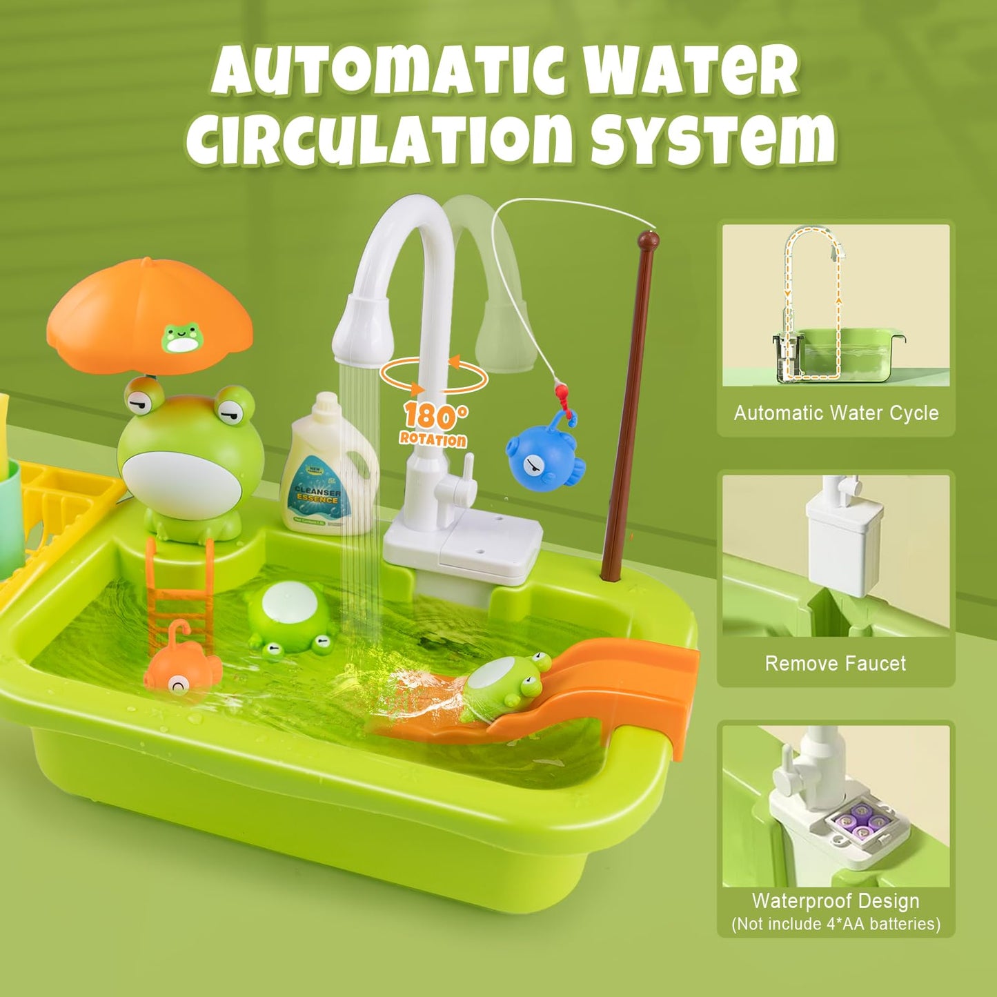 Play Sink with Running Water,Kids Sink Toy with Automatic Water Cycle System,Sink Fishing Game Toy with Food Kitchen Accessories