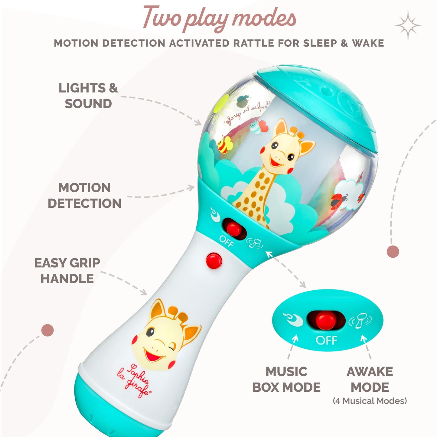 Sophie La Girafe | Shake Shake Rattle | Fun & Easy To Grasp Rattle With A Motion Detector | 4 Different Musical Modes For Playtime & 6 Melodies To Soothe Baby To Sleep