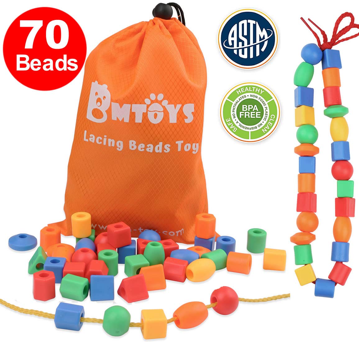 Bmtoys Lacing Beads For Kids - 70Pcs Threading Beads Occupational Therapy Toys For Kids Fine Motor Skills Developmental Activity Ot Toys