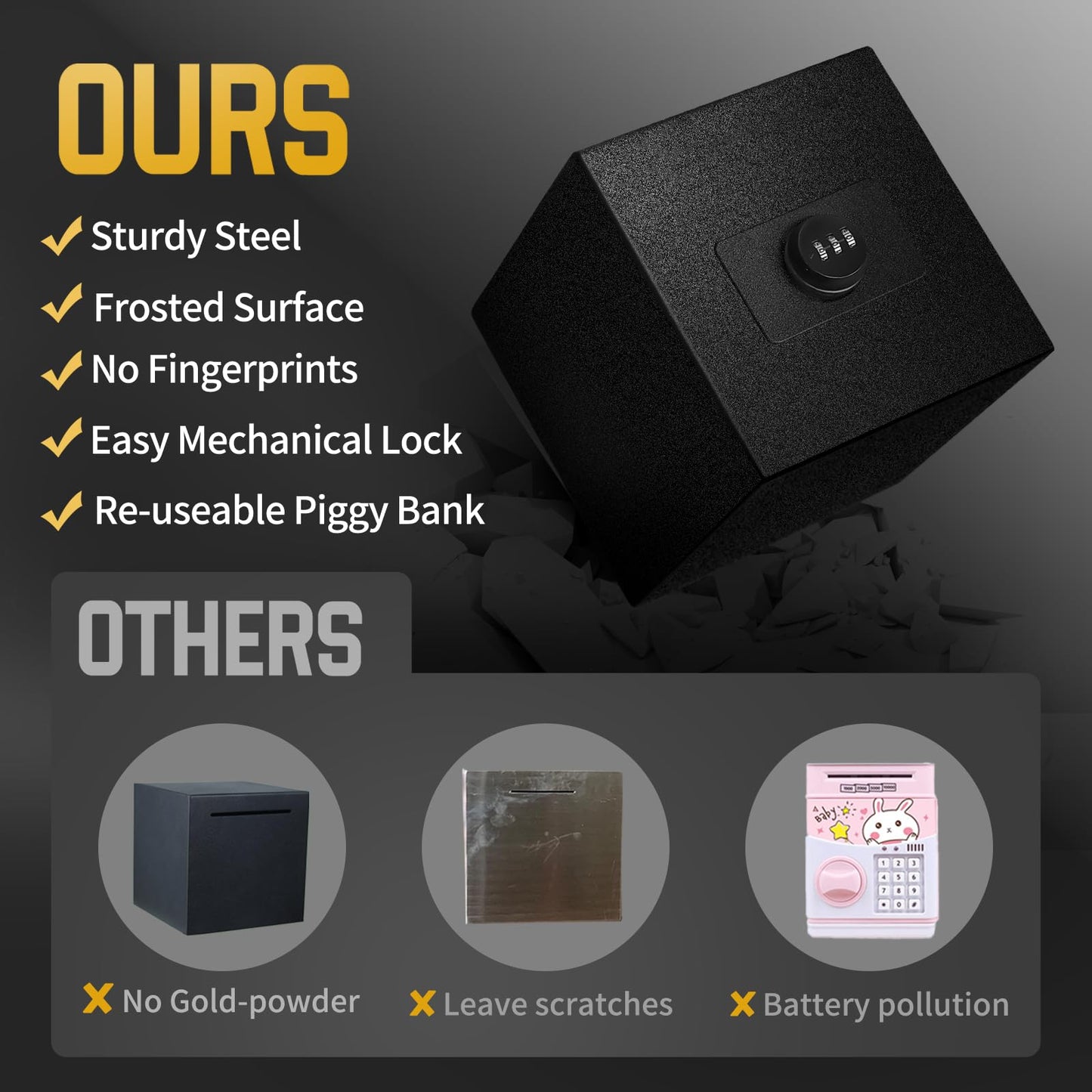 Hicocool Piggy Bank For Adults Password Stainless Steel Reusable Piggy Bank, Metal Money Box With Lock, Unbreakable Money Saving Box For Cash Saving(5.9 Inch, Black)