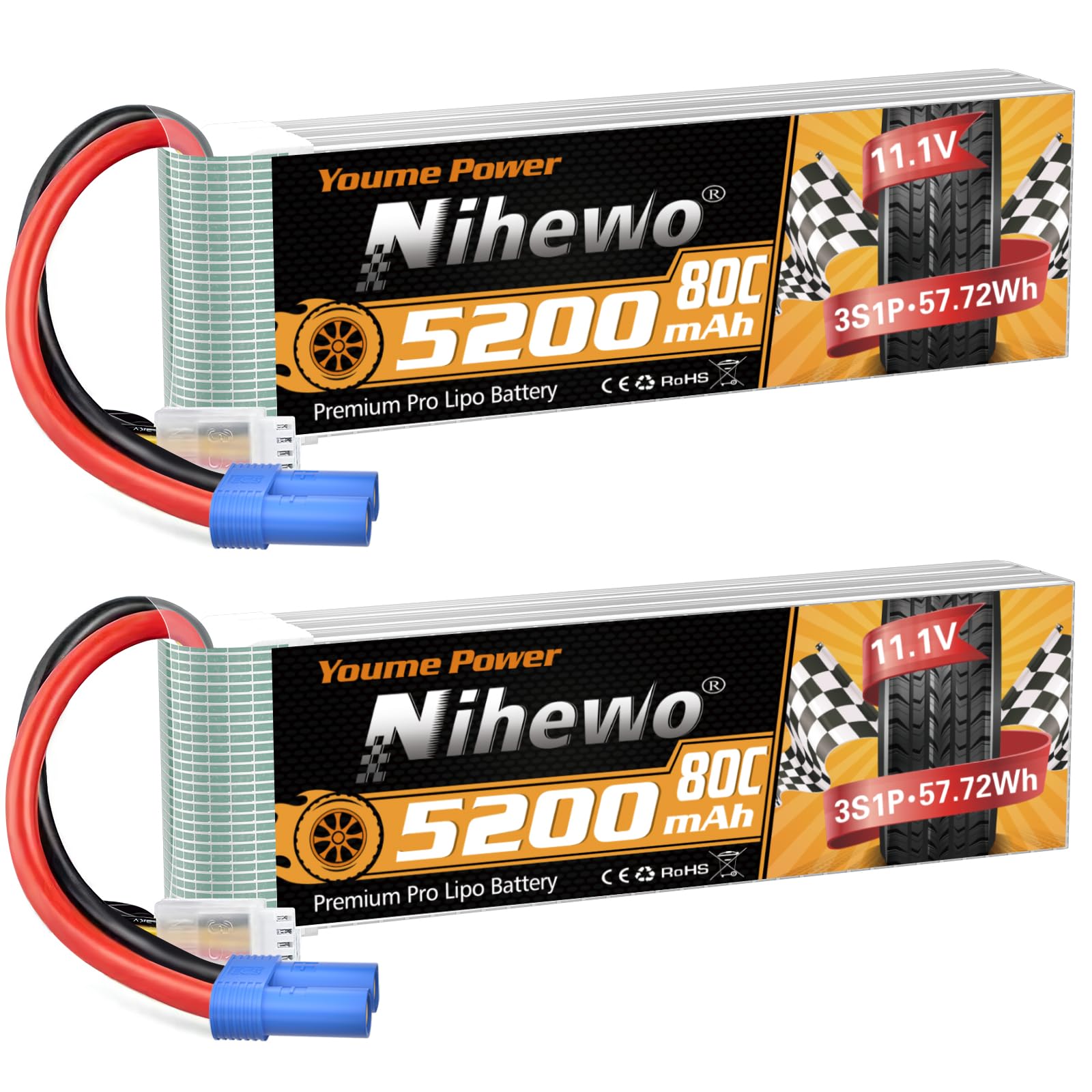 Nihewo 2Packs 3S Lipo Battery, RC Lipo Battery 11.1V 5200mAh 80C EC5 Connector Compatible with Arrma Axial 1/8 1/10 RC Car Truck