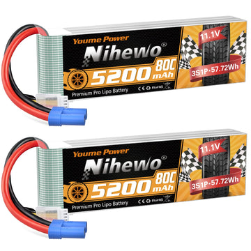 Nihewo 2Packs 3S Lipo Battery, RC Lipo Battery 11.1V 5200mAh 80C EC5 Connector Compatible with Arrma Axial 1/8 1/10 RC Car Truck