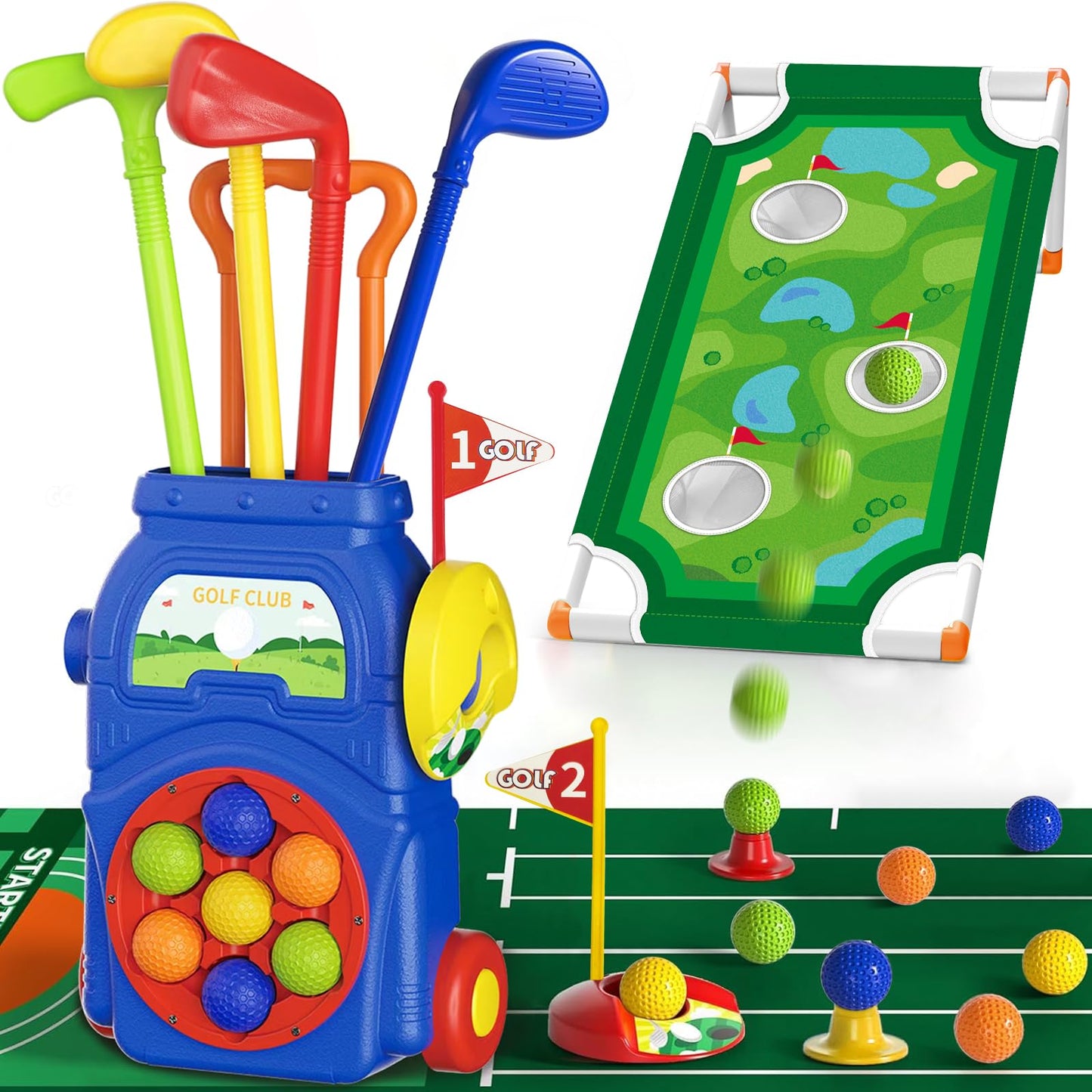 KINGTOP Toddler Golf Set with Putting Mat & Cornhole Board, Kids Golf Clubs 3-5 Years Old with 10 Balls, 4 Clubs, 2 Holes & Cart