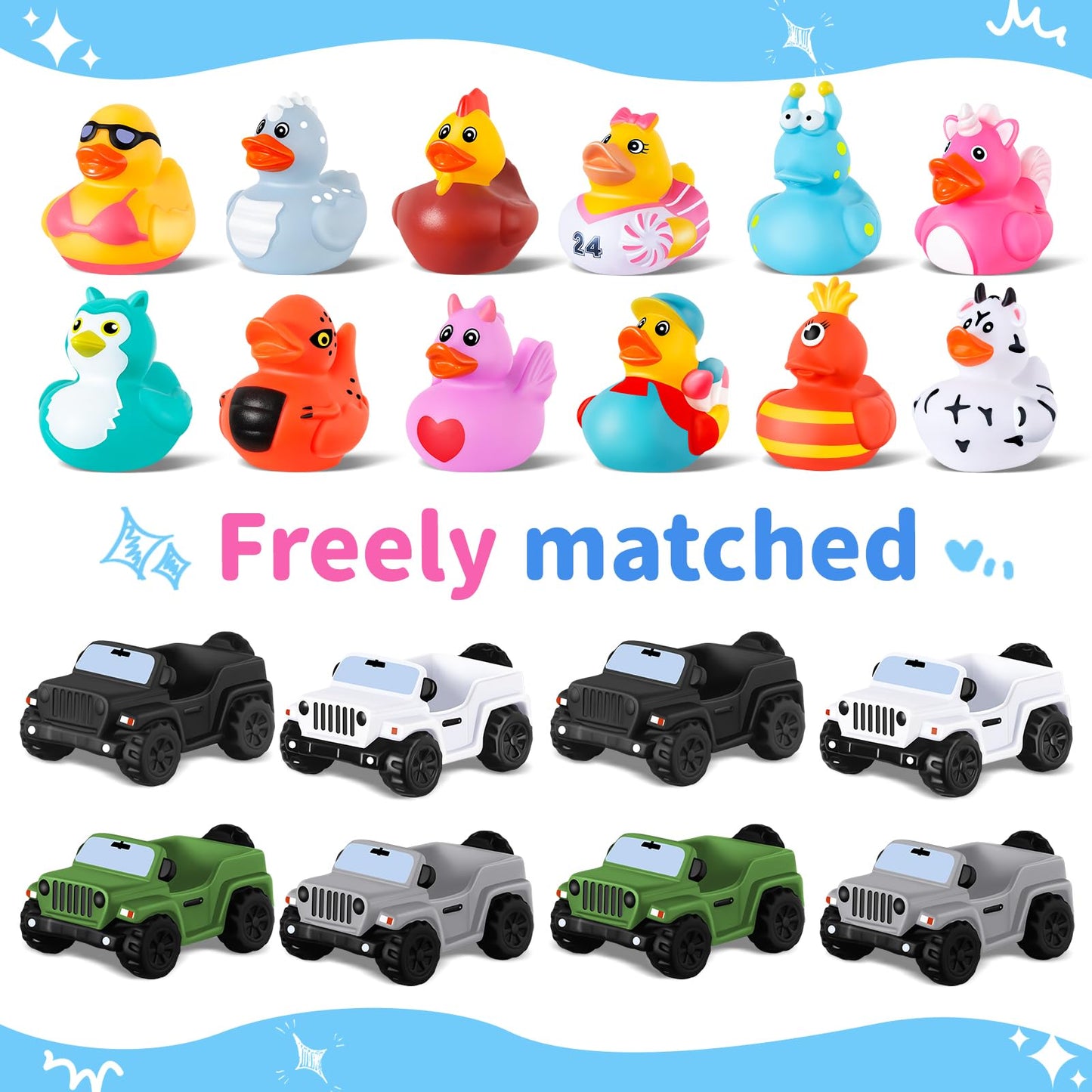 24 Pcs Jeep Ducks Rubber Ducks, 3.5 Inch Jeep Ducks For Ducking, Jeeps Suitable For 2 Inch Ducks, 12 Rubber Ducks Assortment Wit