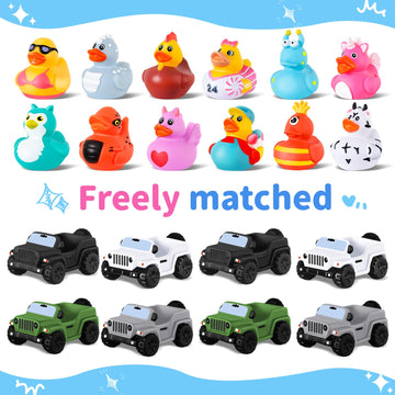 24 Pcs Jeep Ducks Rubber Ducks, 3.5 Inch Jeep Ducks For Ducking, Jeeps Suitable For 2 Inch Ducks, 12 Rubber Ducks Assortment Wit