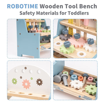 ROBOTIME Tool Bench Set for Toddlers - Mini Wooden Work Bench for Kids, Construction Toys w/Wooden Tools, Educational Pretend Pl