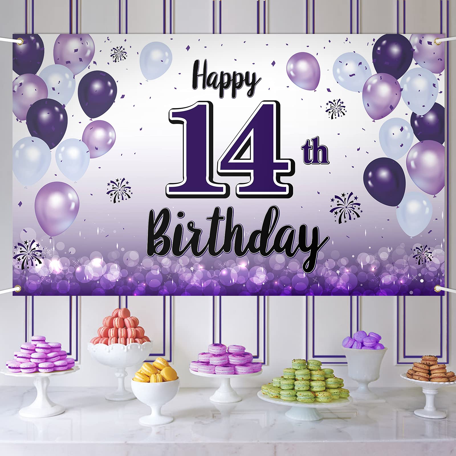 LASKYER Happy 14th Birthday Decorations,14th Purple Balloon Large Birthday Banner Backdrop Sign,Cheers to Fourteen Years Old Bda