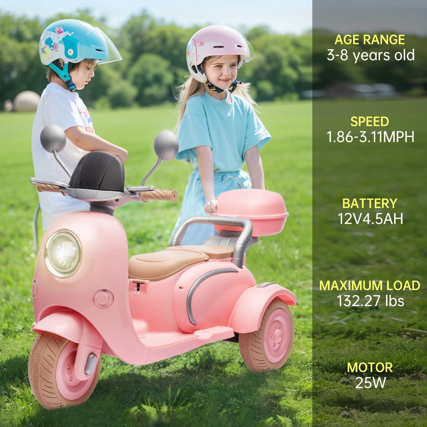 Okybaby 2 Seats Kids Motorcycle, 12V Ride On Electric Motorcycle, 3 Wheels Kids Motorbike With Usb, Bluetooth, Light, Storage Bo