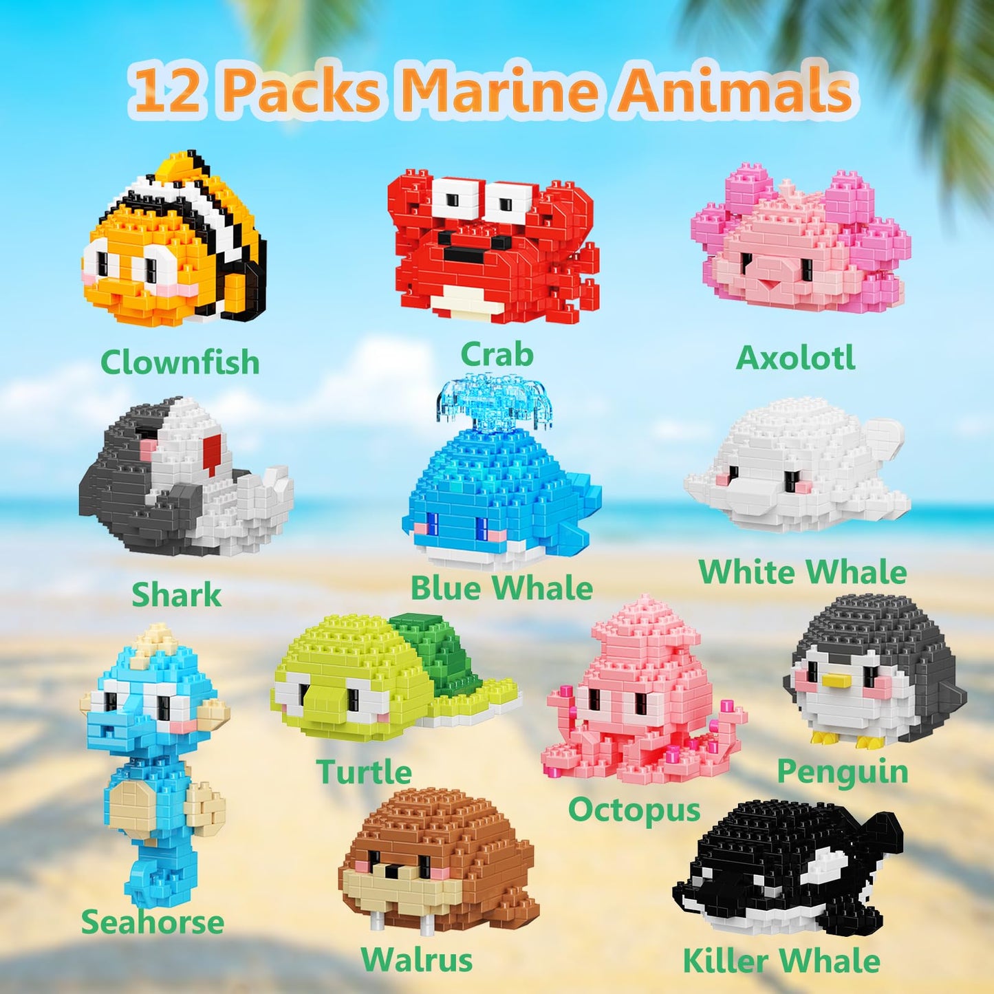 Tenyeah Party Favors For Kids, 12 Packs Mini Marine Animals Micro Building Blocks Set, Classroom Prizes, Small Toy Prizes, Goodi