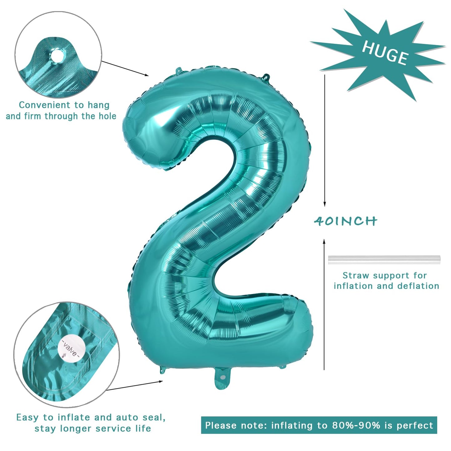 Vonokee 40 Inch Teal Blue Giant Number Balloons 2, Jumbo Digital Foil Mylar Balloon For Birthday Party Wedding Anniversary Celeb
