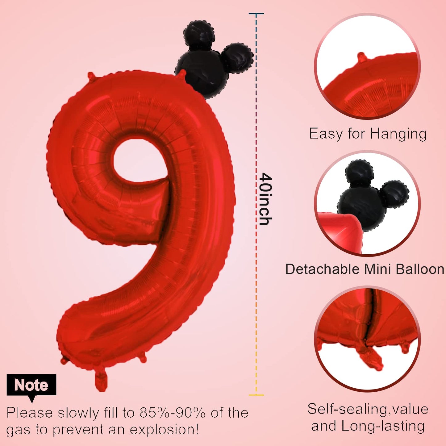 40 Inch Red Number 9 Balloon & Mini Mouse Head Balloon, 9Th Birthday Party Decoration Balloons, Cartoon Mouse Birthday Party Sup