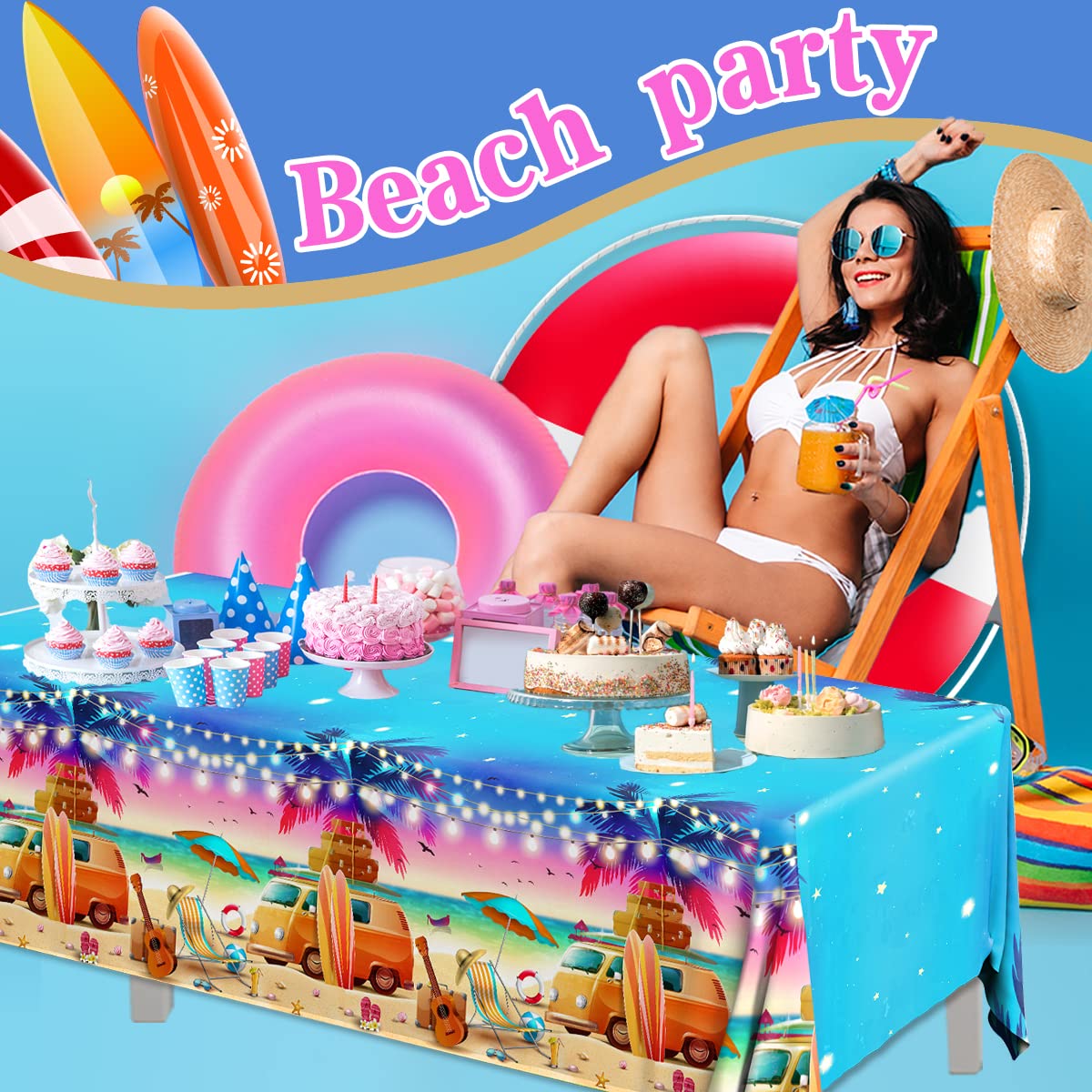 Grehumor 3Pcs Summer Sunset Beach Tablecloth Beach Theme Party Decorations Palm Leaves Tropical Beach Disposable Plastic Table C